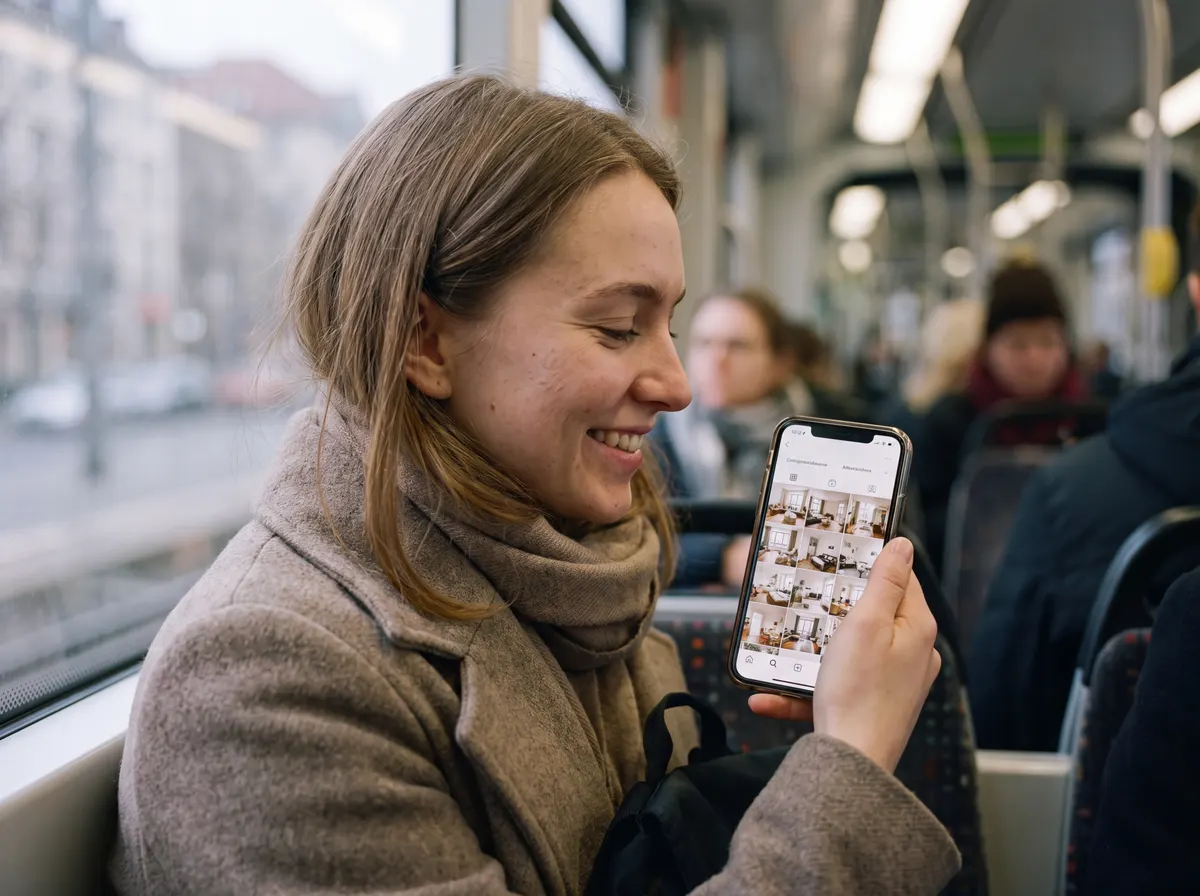 Wohnungssuchende liest den Wohnticker-Newsletter unterwegs in der Bahn